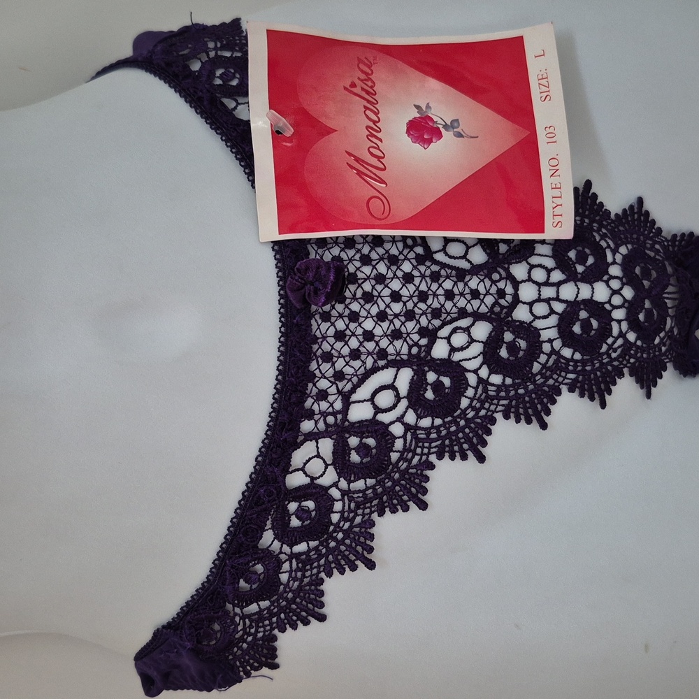 Vintage Mona Lisa Satin Lace Thong Panties Purple L